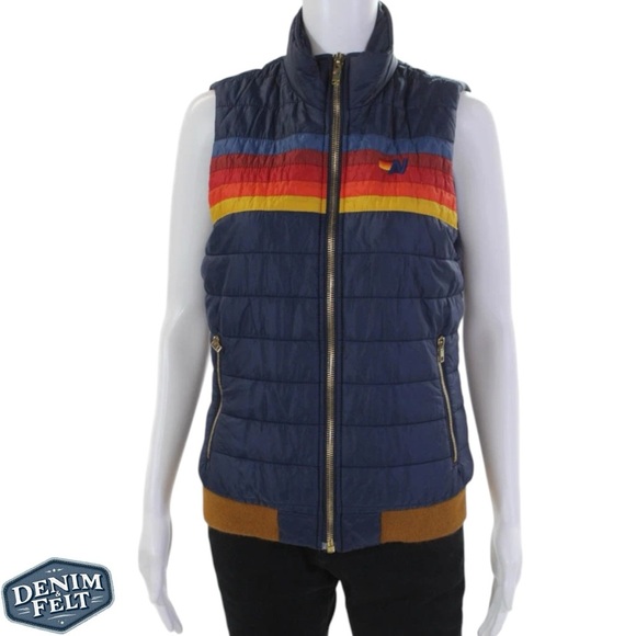 Aviator Nation WOMEN'S Navy Blue 5 STRIPE FULL ZIP PUFFER VEST | EUC⚡️MSRP$395 - Picture 2 of 16